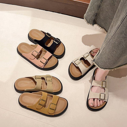 Double Buckle Plain Slide Sandals