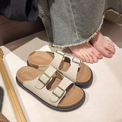 Double Buckle Plain Slide Sandals