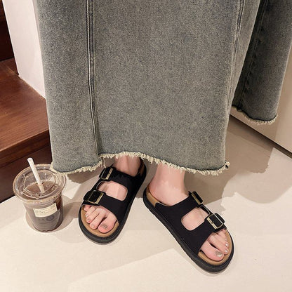 Double Buckle Plain Slide Sandals