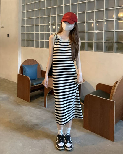 Striped Sleeveless Round Neck Bodycon Long Dress