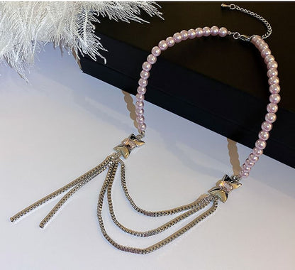 Bow Faux Pearl Layered Chain Necklace