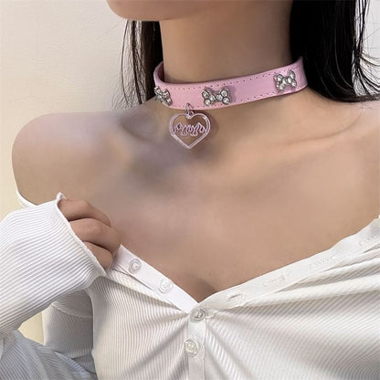 Leather Choker Rhinestone Heart Faux