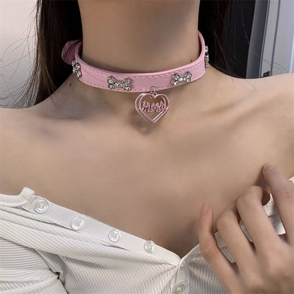 Leather Choker Rhinestone Heart Faux