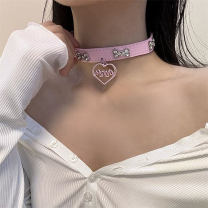 Leather Choker Rhinestone Heart Faux