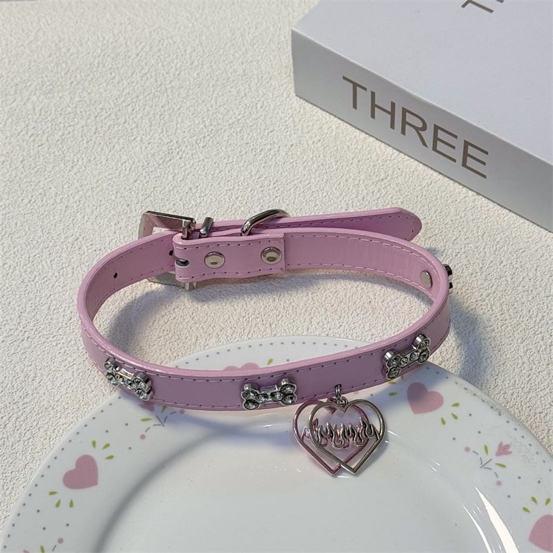 Leather Choker Rhinestone Heart Faux