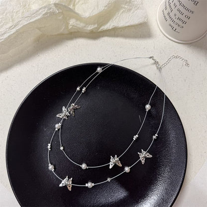 Pearl Faux Butterfly Layered Necklace