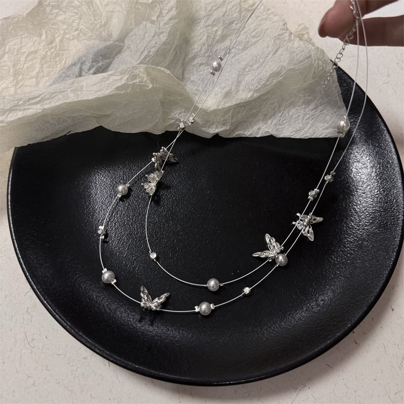 Pearl Faux Butterfly Layered Necklace