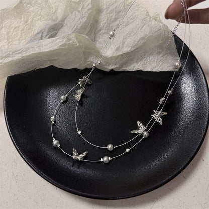Pearl Faux Butterfly Layered Necklace