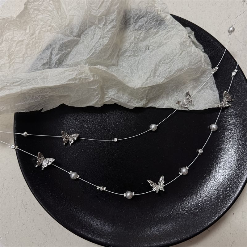 Pearl Faux Butterfly Layered Necklace