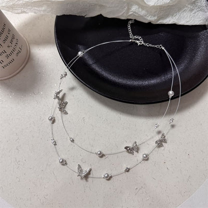 Pearl Faux Butterfly Layered Necklace