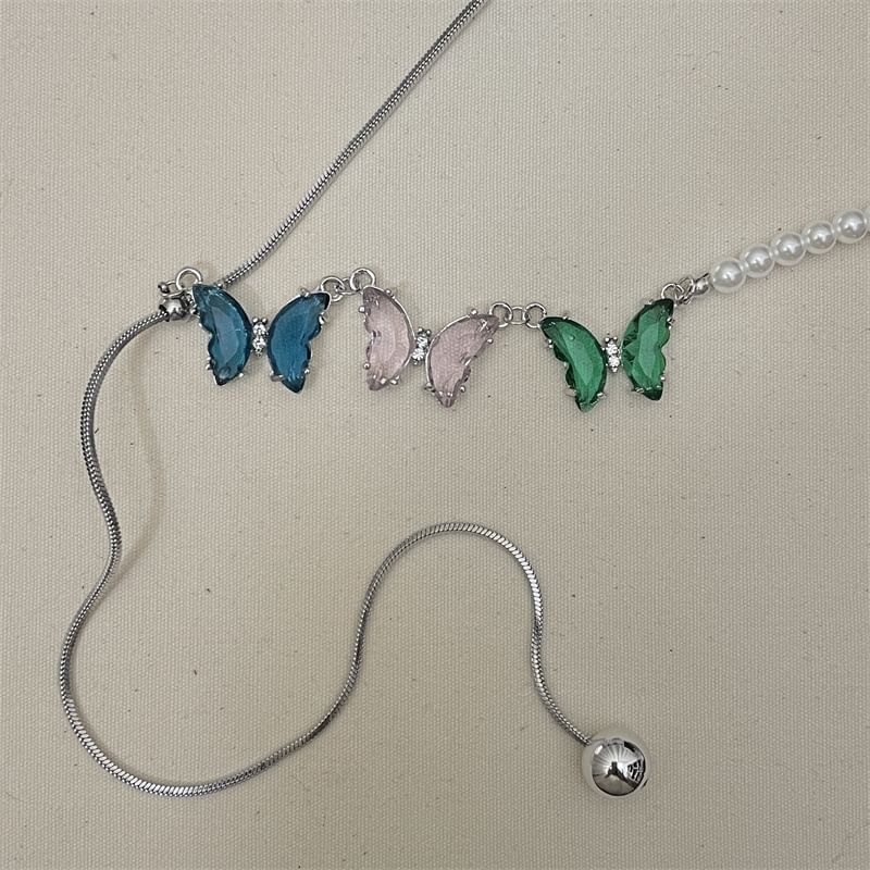 Butterfly Rhinestone Pearl Faux Necklace