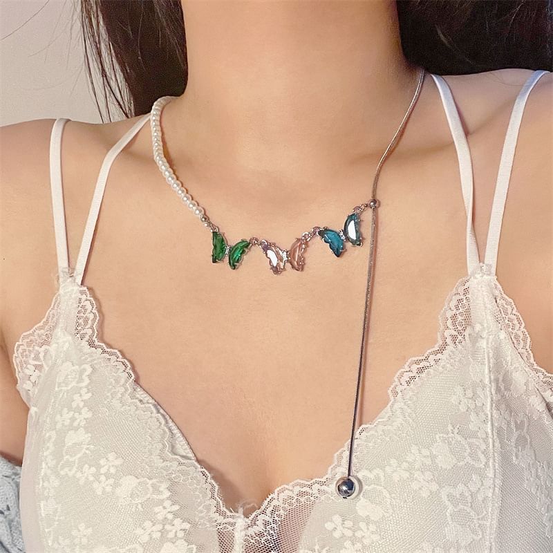 Butterfly Rhinestone Pearl Faux Necklace