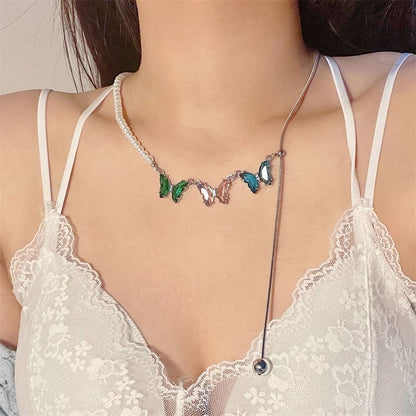 Butterfly Rhinestone Pearl Faux Necklace