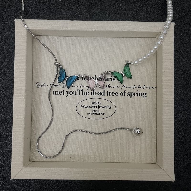 Butterfly Rhinestone Pearl Faux Necklace