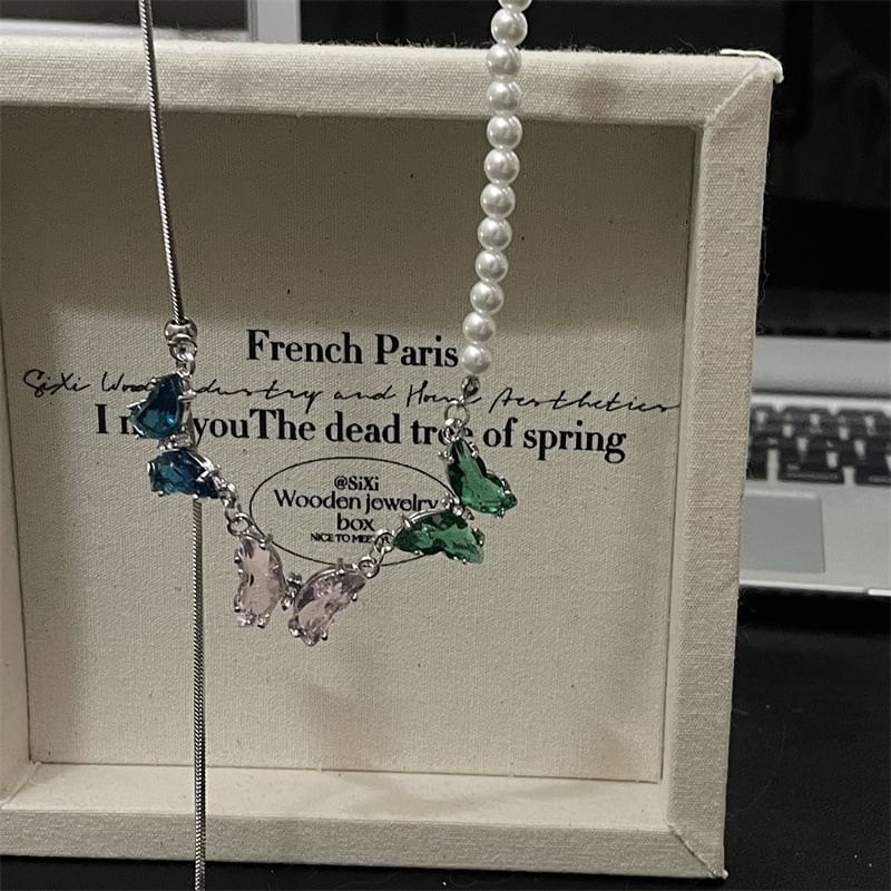 Butterfly Rhinestone Pearl Faux Necklace