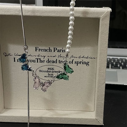 Butterfly Rhinestone Pearl Faux Necklace