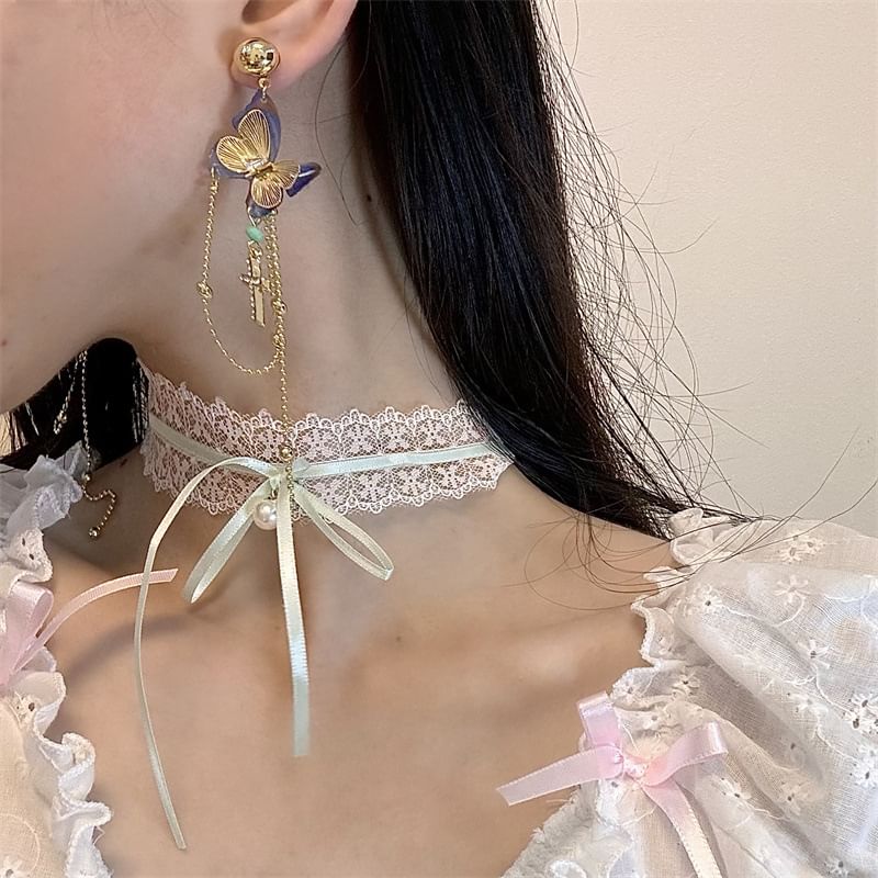 Butterfly Lace Cross / Choker Drop Earring Bow