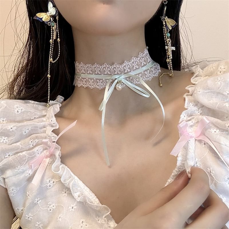 Butterfly Lace Cross / Choker Drop Earring Bow