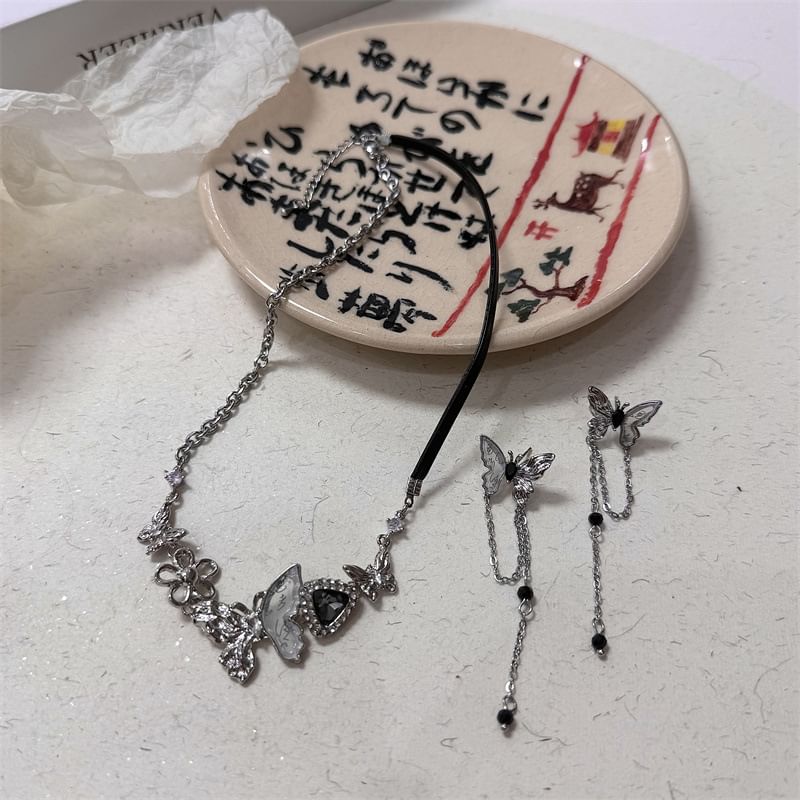 Earring Butterfly Drop / Rhinestone Necklace