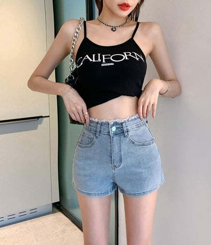 High Waist Ribbon Print Denim Shorts