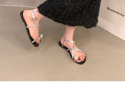 Faux Pearl Toe-Loop Sandals