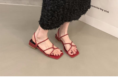 Square-Toe Low Heel Strappy Sandals