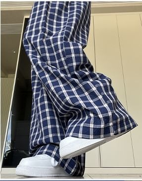 Button Applique High Rise Elastic Waist Plaid Wide Leg Pants