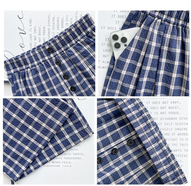 Button Applique High Rise Elastic Waist Plaid Wide Leg Pants