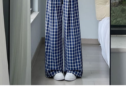 Button Applique High Rise Elastic Waist Plaid Wide Leg Pants