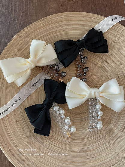 Bow Fabric Faux Pearl Coil Hair Tie