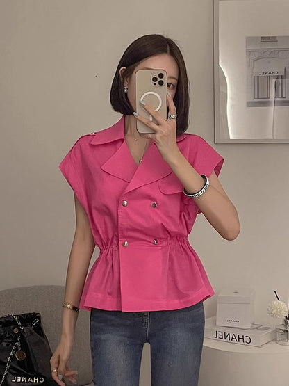 Short-Sleeve Notch Lapel Plain Peplum Double-Breasted Jacket