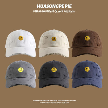 Baseball Print Distressed Smiley Cap Face