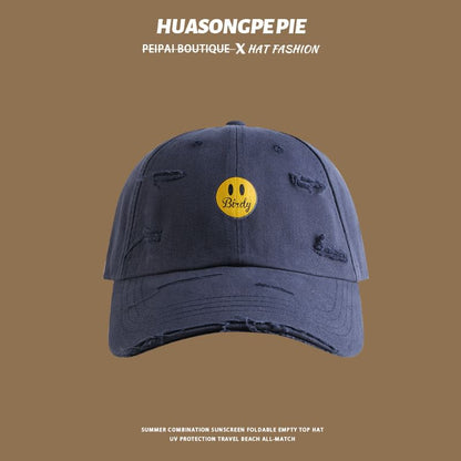 Baseball Print Distressed Smiley Cap Face