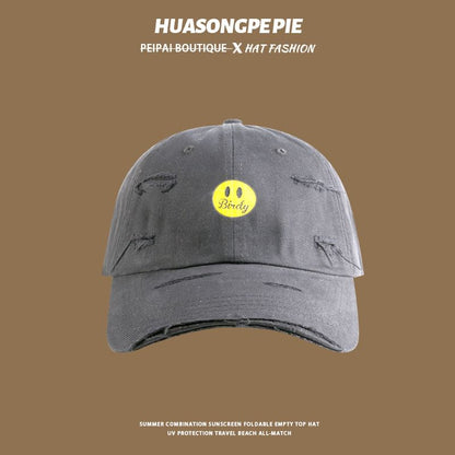 Baseball Print Distressed Smiley Cap Face