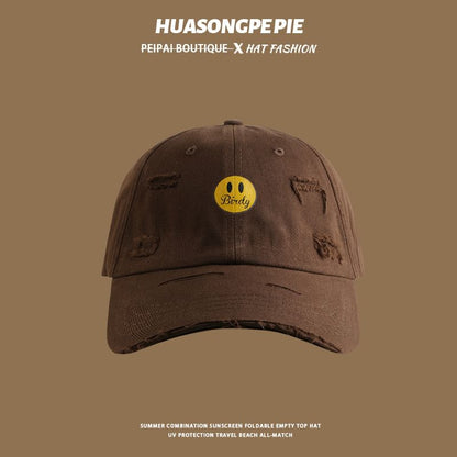 Baseball Print Distressed Smiley Cap Face