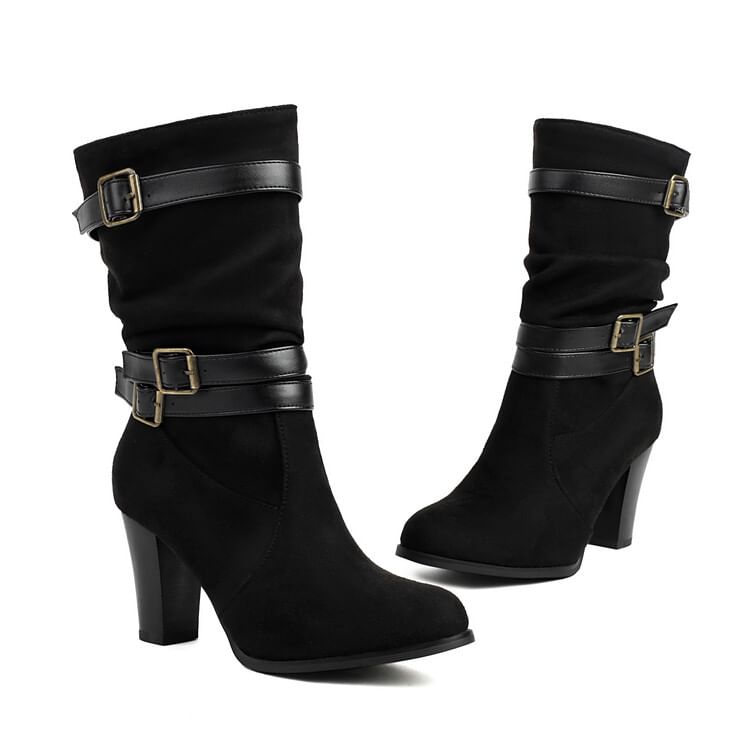 Mid-Calf Boots Heel Buckled Chunky