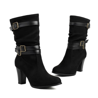 Mid-Calf Boots Heel Buckled Chunky