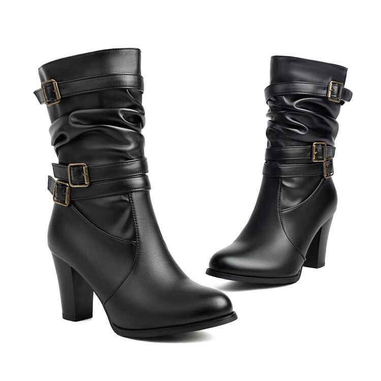 Mid-Calf Boots Heel Buckled Chunky
