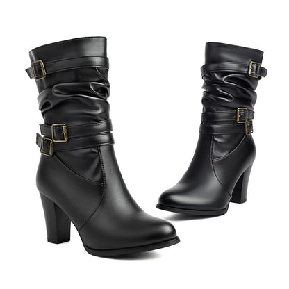 Mid-Calf Boots Heel Buckled Chunky