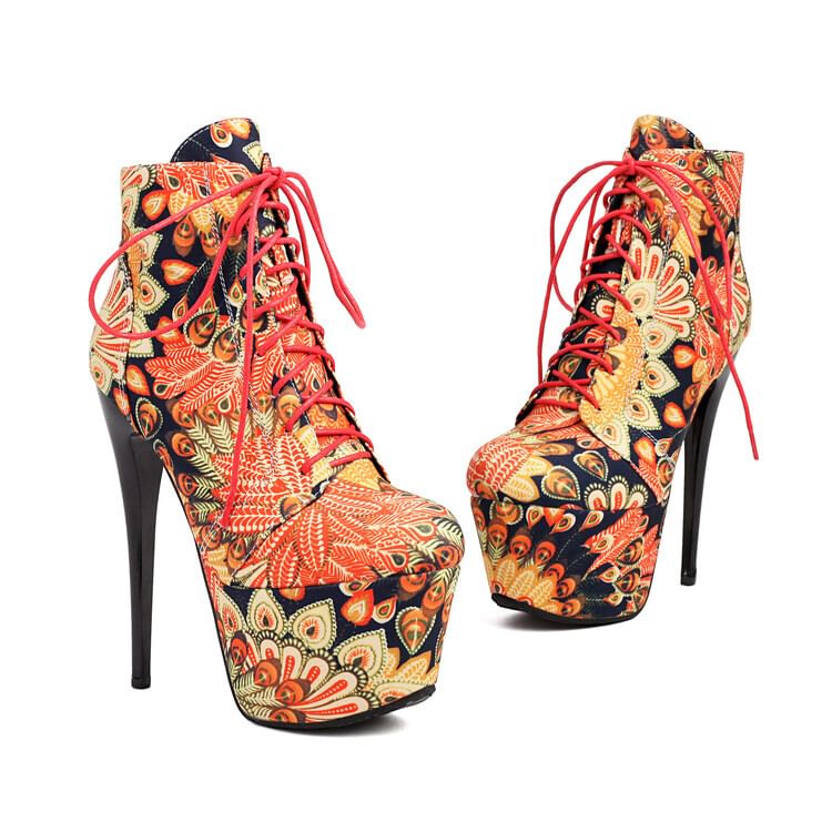 Boots Ankle Lace-Up Stiletto Platform Heel Floral