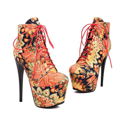 Boots Ankle Lace-Up Stiletto Platform Heel Floral