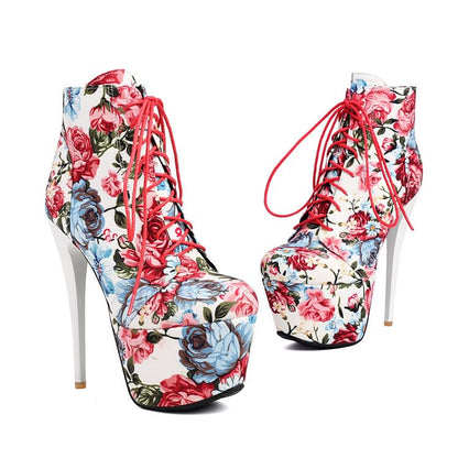 Boots Ankle Lace-Up Stiletto Platform Heel Floral