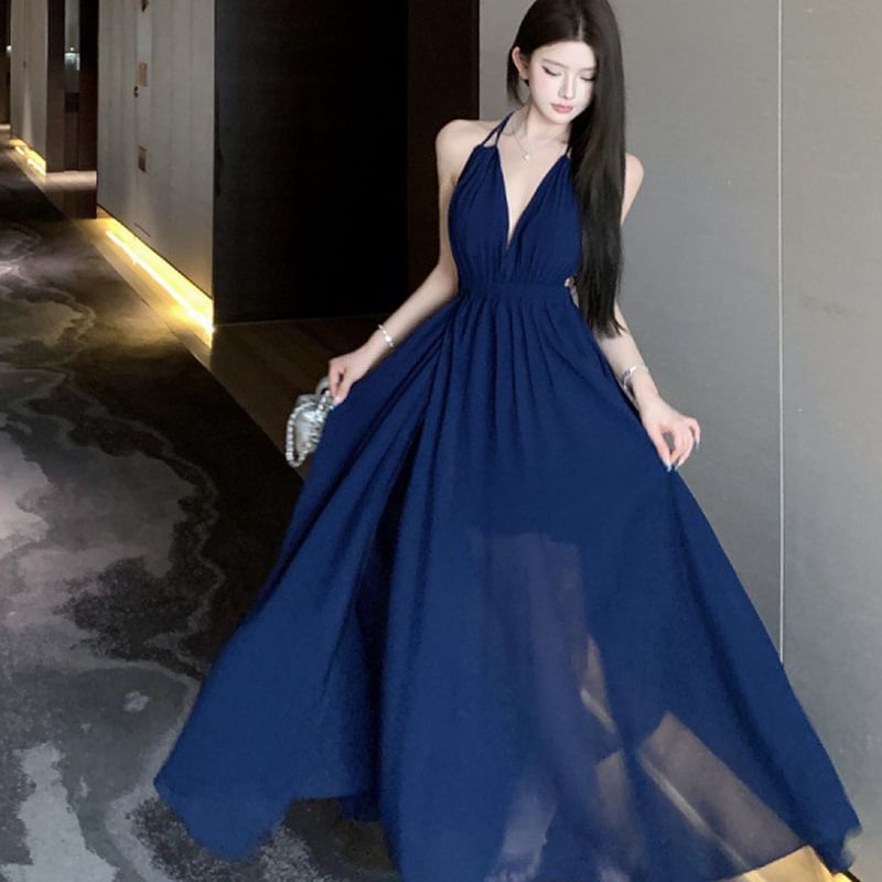 Plain A-Line Halter Maxi Side-Slit Dress