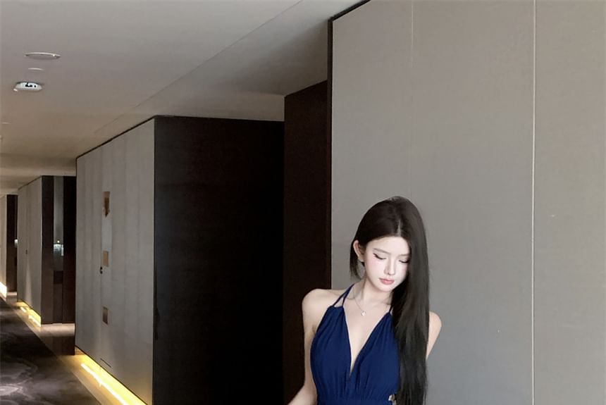 Plain A-Line Halter Maxi Side-Slit Dress