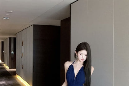 Plain A-Line Halter Maxi Side-Slit Dress