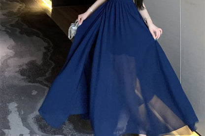 Plain A-Line Halter Maxi Side-Slit Dress