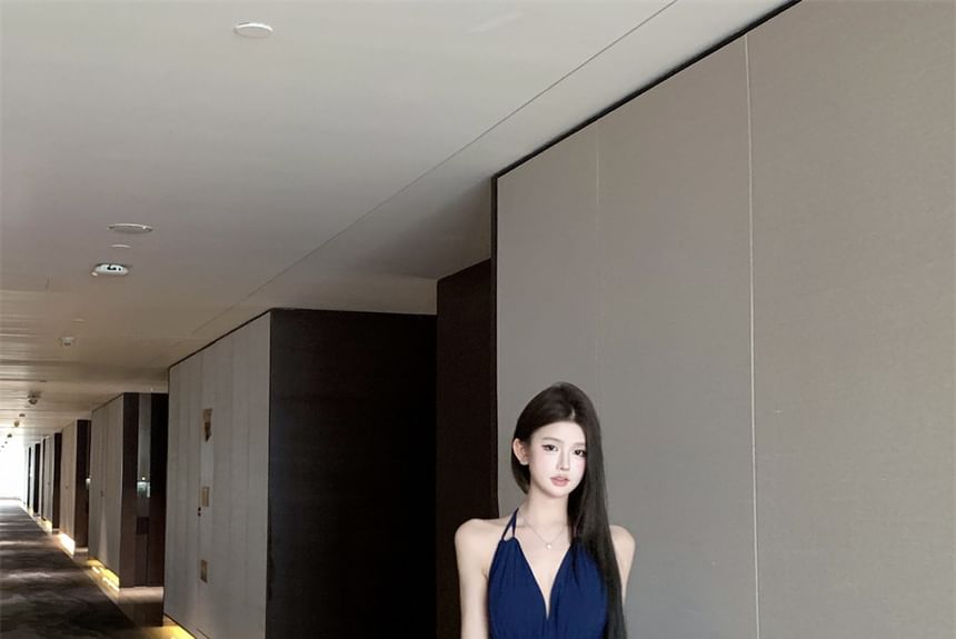 Plain A-Line Halter Maxi Side-Slit Dress