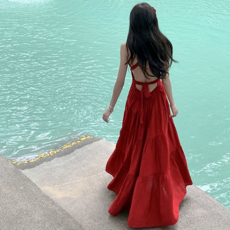 V-Neck Sleeveless Plain Maxi Dress A-Line