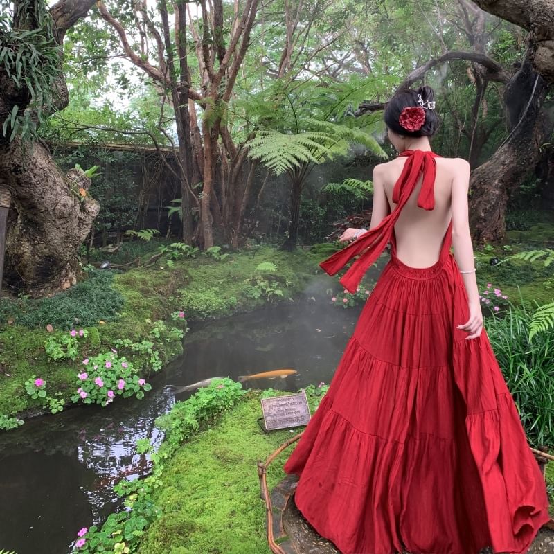 V-Neck Sleeveless Plain Maxi Dress A-Line