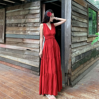 V-Neck Sleeveless Plain Maxi Dress A-Line